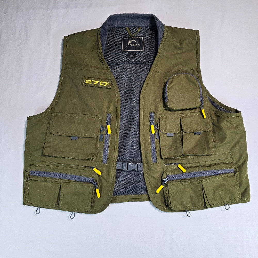 WRFS Bass Pro Shops 270 Degree Fishing Vest Olive Green Multi-Pocket Style 56776